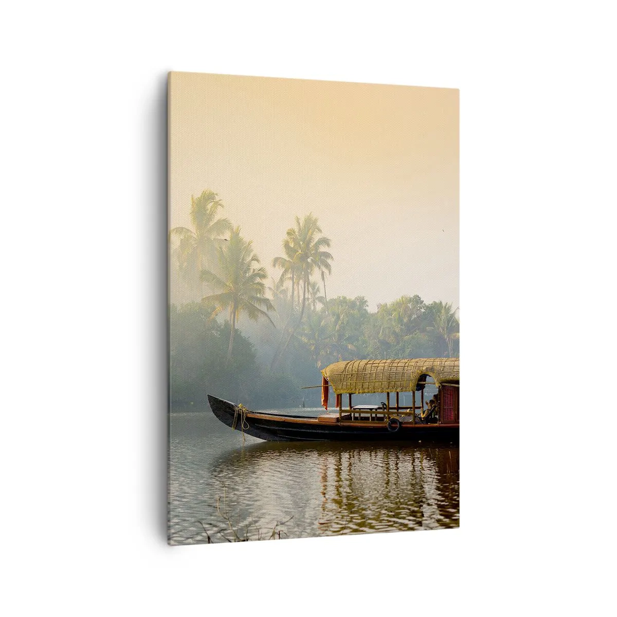 Cuadro sobre lienzo - Impresión de Imagen - Un barco tradicional en un río tranquilo entre palmeras. - 70x100cm - Casa en el río - Decoración de pared moderna para salón y dormitorio ARTTOR