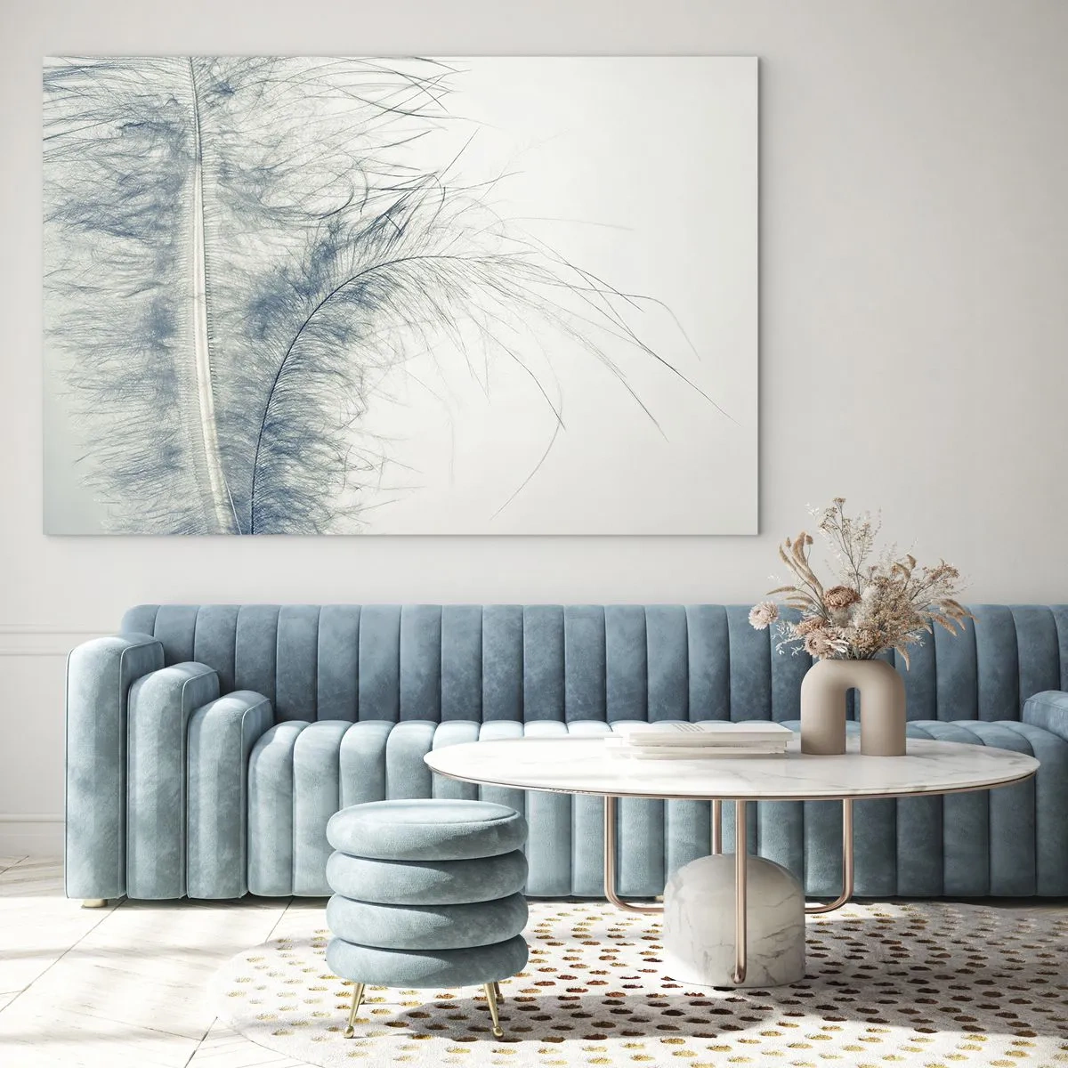 Cuadro sobre vidrio - Impresiones sobre Vidrio - Una delicada pluma sobre un fondo claro en estilo minimalista. - 120x80cm - Susurro de la naturaleza - Decoración de pared moderna para salón y dormitorio ARTTOR