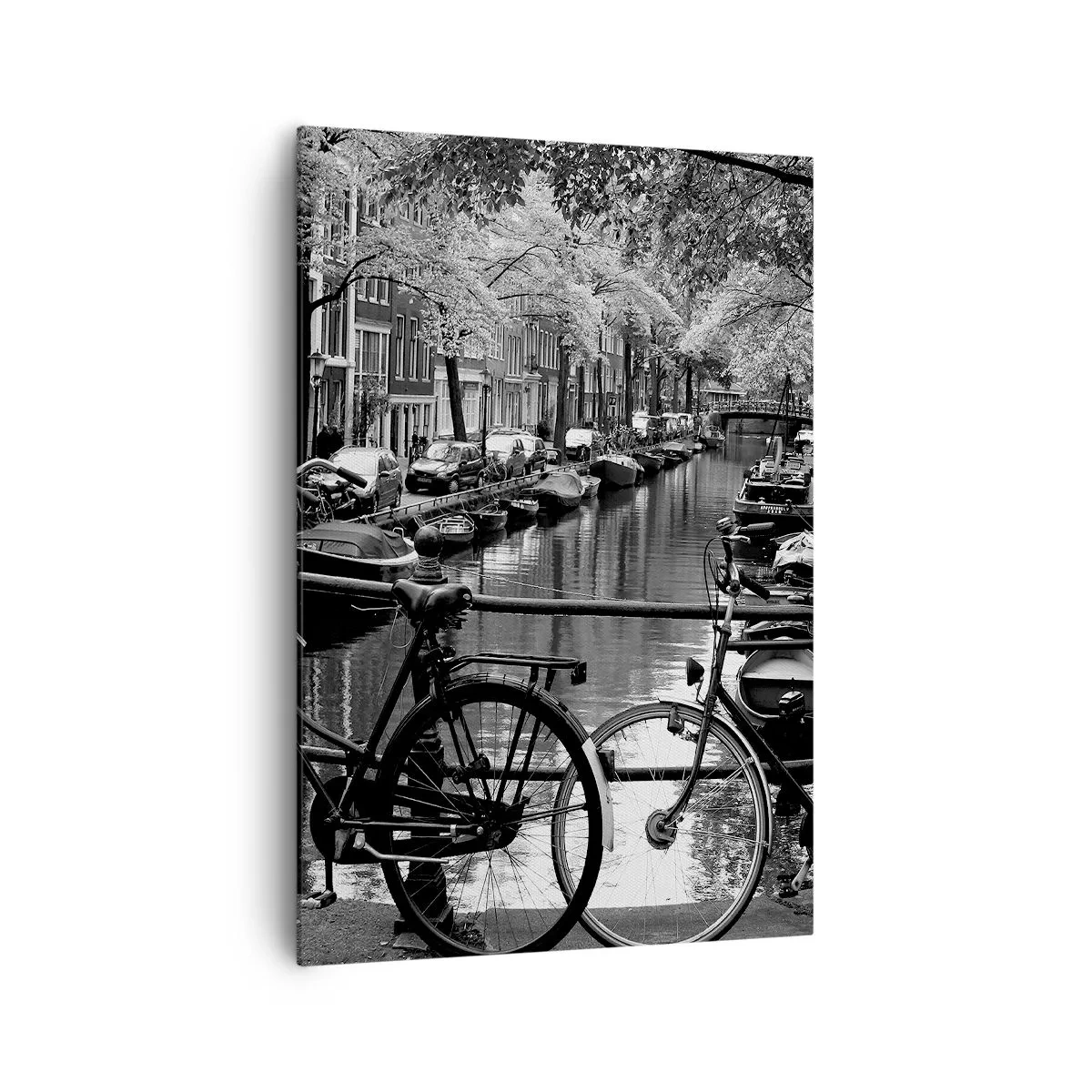 Cuadro sobre lienzo - Impresión de Imagen - Canal con bicicletas en fotografía en blanco y negro - 70x100cm - Una visión muy holandesa - Decoración de pared moderna para salón y dormitorio ARTTOR