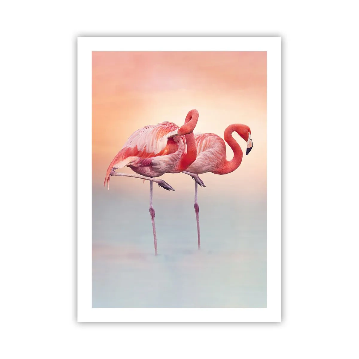Póster - Flamencos sobre un fondo de atardecer pastel - 50x70cm - Elegancia bajo el sol de poniente - Decoración de pared moderna para salón y dormitorio ARTTOR