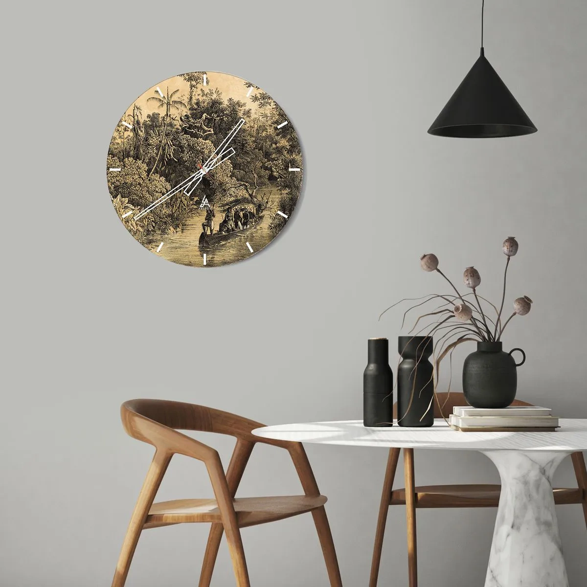 Reloj de pared - Reloj de vidrio - Ilustración retro de una expedición a la selva tropical - 30x30cm - Expedición a la fuente - Decoración de pared moderna para salón, cocina y dormitorio ARTTOR