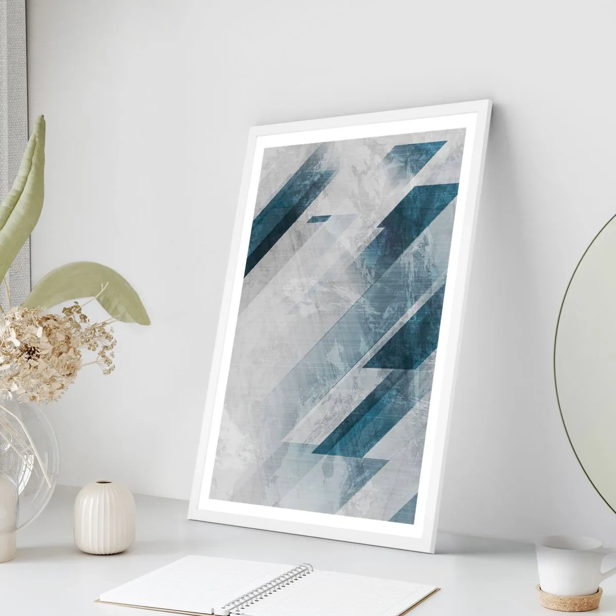 Póster en marco blanco - Composición espacial - movimiento de grises - 50x70 cm