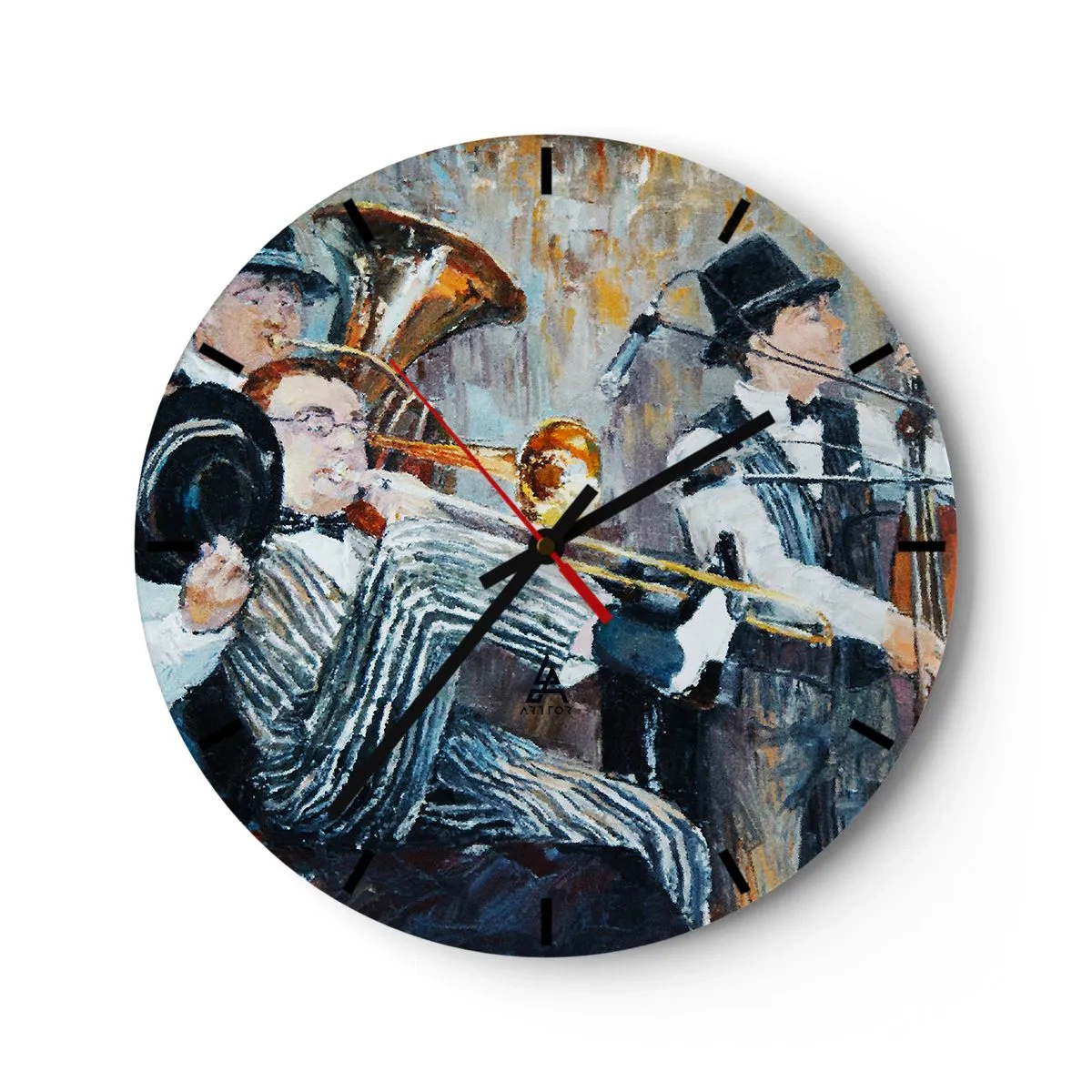 Reloj de pared - Reloj de vidrio - Una banda de jazz desde una perspectiva artística - 30x30cm - Todo ese jazz - Decoración de pared moderna para salón, cocina y dormitorio ARTTOR