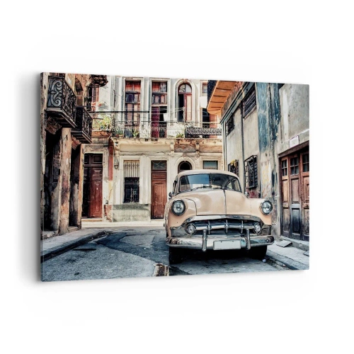 Cuadro sobre lienzo - Impresión de Imagen - Un coche clásico con la arquitectura urbana como telón de fondo - 120x80cm - Siesta en La Habana - Decoración de pared moderna para salón y dormitorio ARTTOR