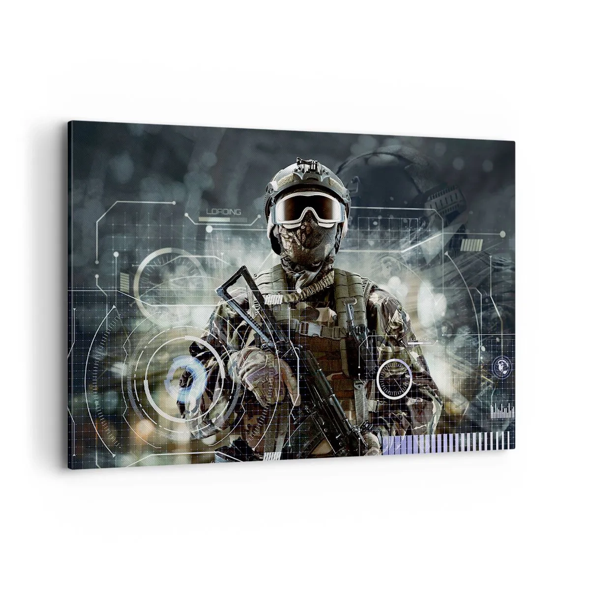 Cuadro sobre lienzo - Impresión de Imagen - Un soldado con un casco futurista y una pistola en un fondo de tecnología. - 120x80cm - De poder a poder - Decoración de pared moderna para salón y dormitorio ARTTOR