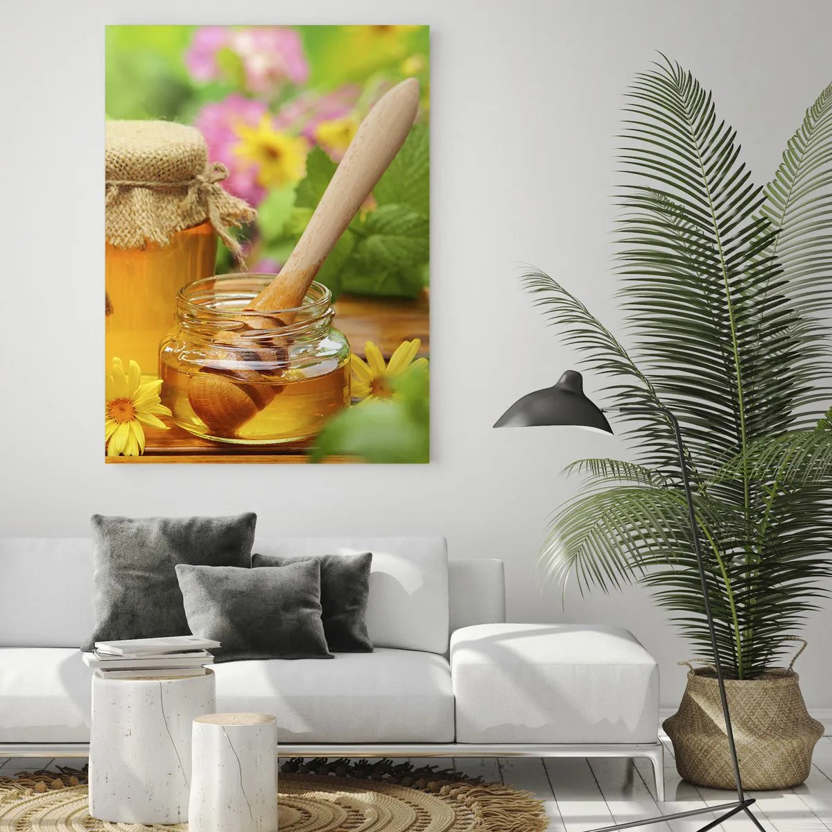 Cuadro sobre vidrio - Impresiones sobre Vidrio - Tarros de miel con flores sobre el fondo de un jardín de verano. - 70x100cm - Dulce y floral - Decoración de pared moderna para salón y dormitorio ARTTOR