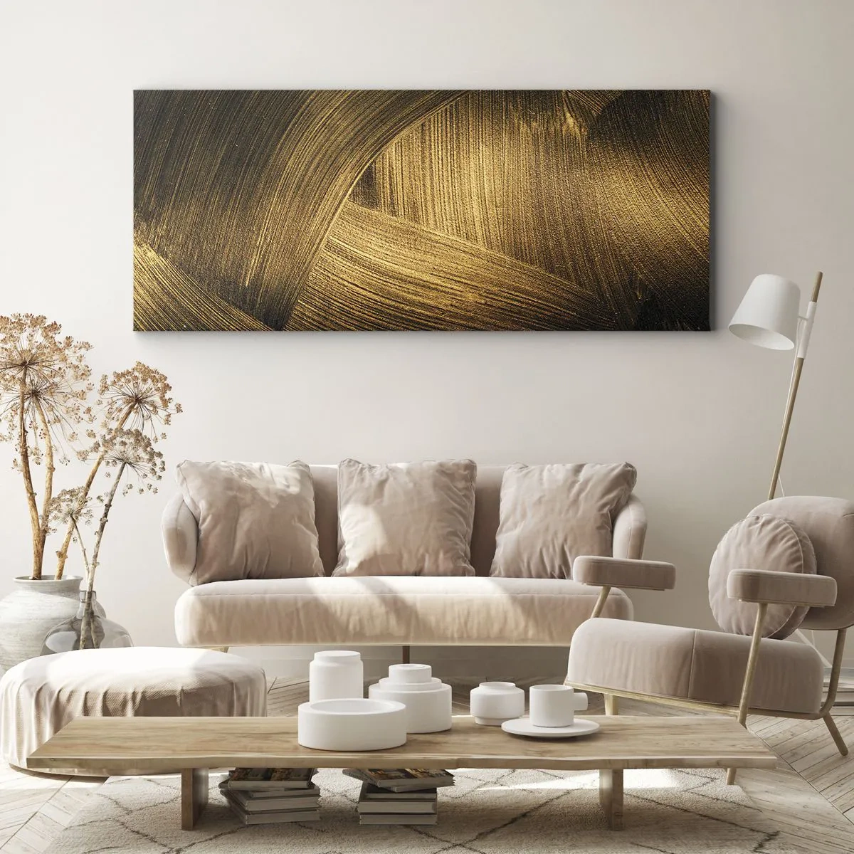 Cuadro sobre lienzo - Impresión de Imagen - Pinceladas abstractas doradas - 120x50cm - En un laberinto de oro - Decoración de pared moderna para salón y dormitorio ARTTOR
