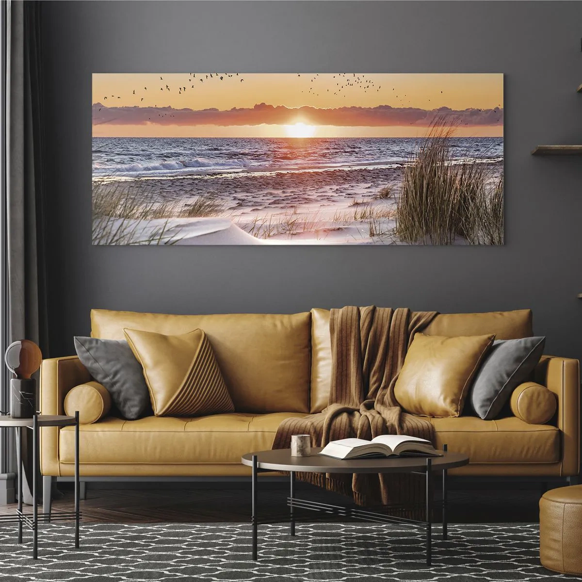 Cuadro sobre vidrio - Impresiones sobre Vidrio - Puesta de sol sobre el mar con vistas a las dunas - 140x50cm - Paisaje horizontal - Decoración de pared moderna para salón y dormitorio ARTTOR