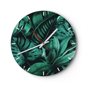 Reloj de pared - Reloj de vidrio - Hojas verdes tropicales sobre un fondo oscuro. - 30x30cm - Profundidad del verde tropical - Decoración de pared moderna para salón, cocina y dormitorio ARTTOR