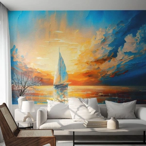 Fotomural Premium Sand - Un velero en el mar al atardecer - 100x70cm - Navegando en oro - Decoración de pared moderna para salón y dormitorio ARTTOR