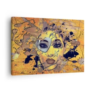 Cuadro sobre lienzo - Impresión de Imagen - Retrato abstracto de una mujer en tonos amarillo dorado. - 70x50cm - La belleza del sol - Decoración de pared moderna para salón y dormitorio ARTTOR