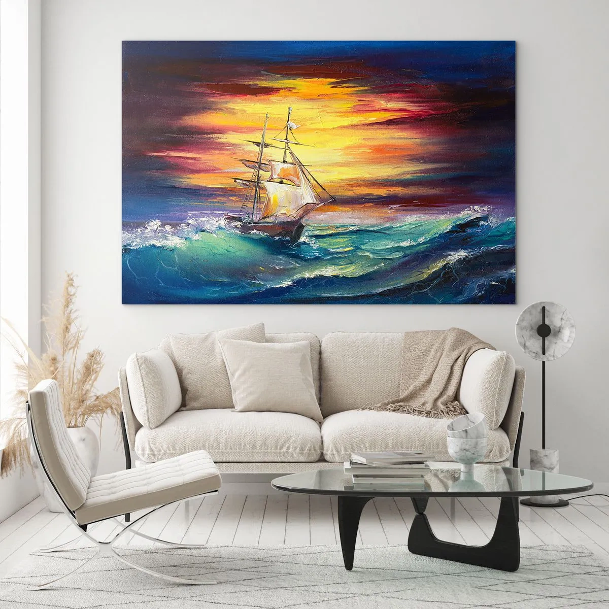Cuadro sobre vidrio - Impresiones sobre Vidrio - Un barco en un mar tempestuoso al atardecer - 120x80cm - Valientemente surcando las olas - Decoración de pared moderna para salón y dormitorio ARTTOR