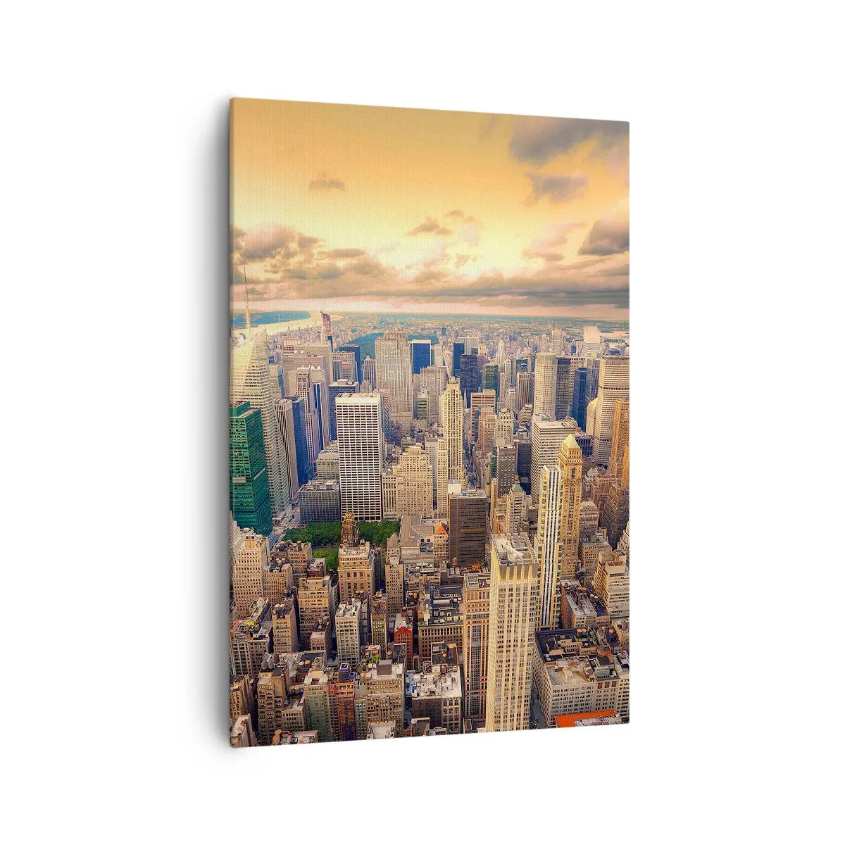 Cuadro sobre lienzo - Impresión de Imagen - Panorama de la ciudad con vistas a los rascacielos al atardecer - 70x100cm - Metrópolis dorada - Decoración de pared moderna para salón y dormitorio ARTTOR