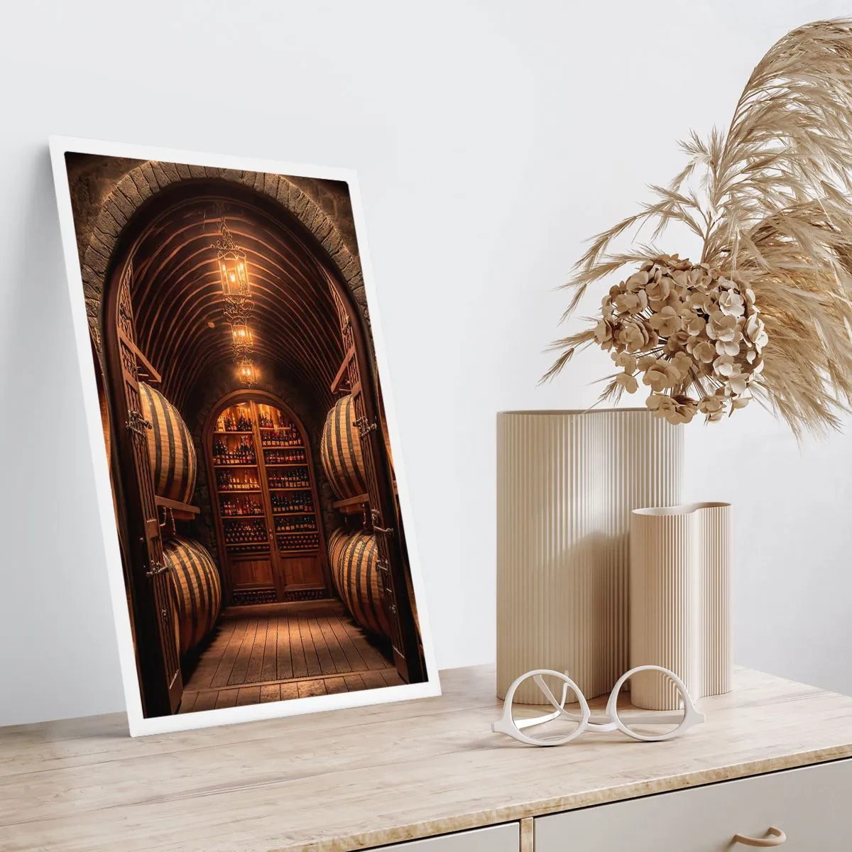 Póster - Elegante bodega con barricas de madera. - 50x70cm - Sótano atmosférico - Decoración de pared moderna para salón y dormitorio ARTTOR