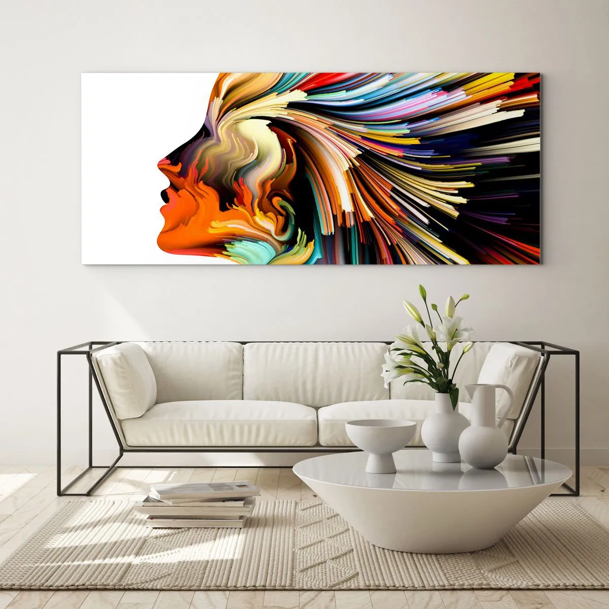Cuadro sobre vidrio - Impresiones sobre Vidrio - Perfil de rostro abstracto con líneas dinámicas coloridas. - 160x50cm - La explosión de la imaginación - Decoración de pared moderna para salón y dormitorio ARTTOR