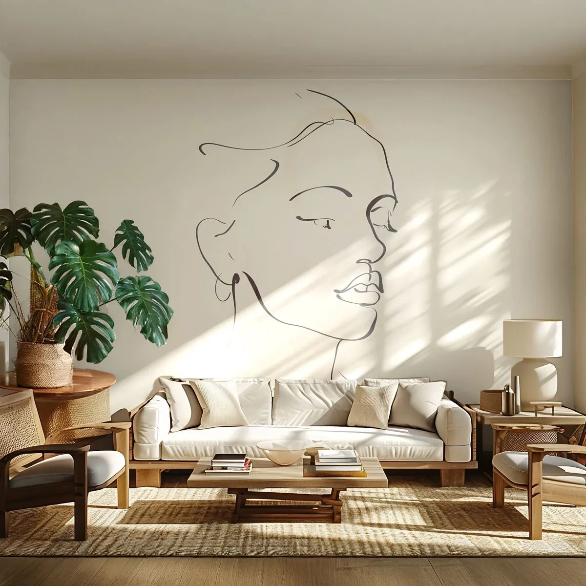 Fotomural Premium Sand - Un retrato sutil de una mujer realizado con un boceto lineal. - 100x70cm - Líneas que muestran seguridad - Decoración de pared moderna para salón y dormitorio ARTTOR