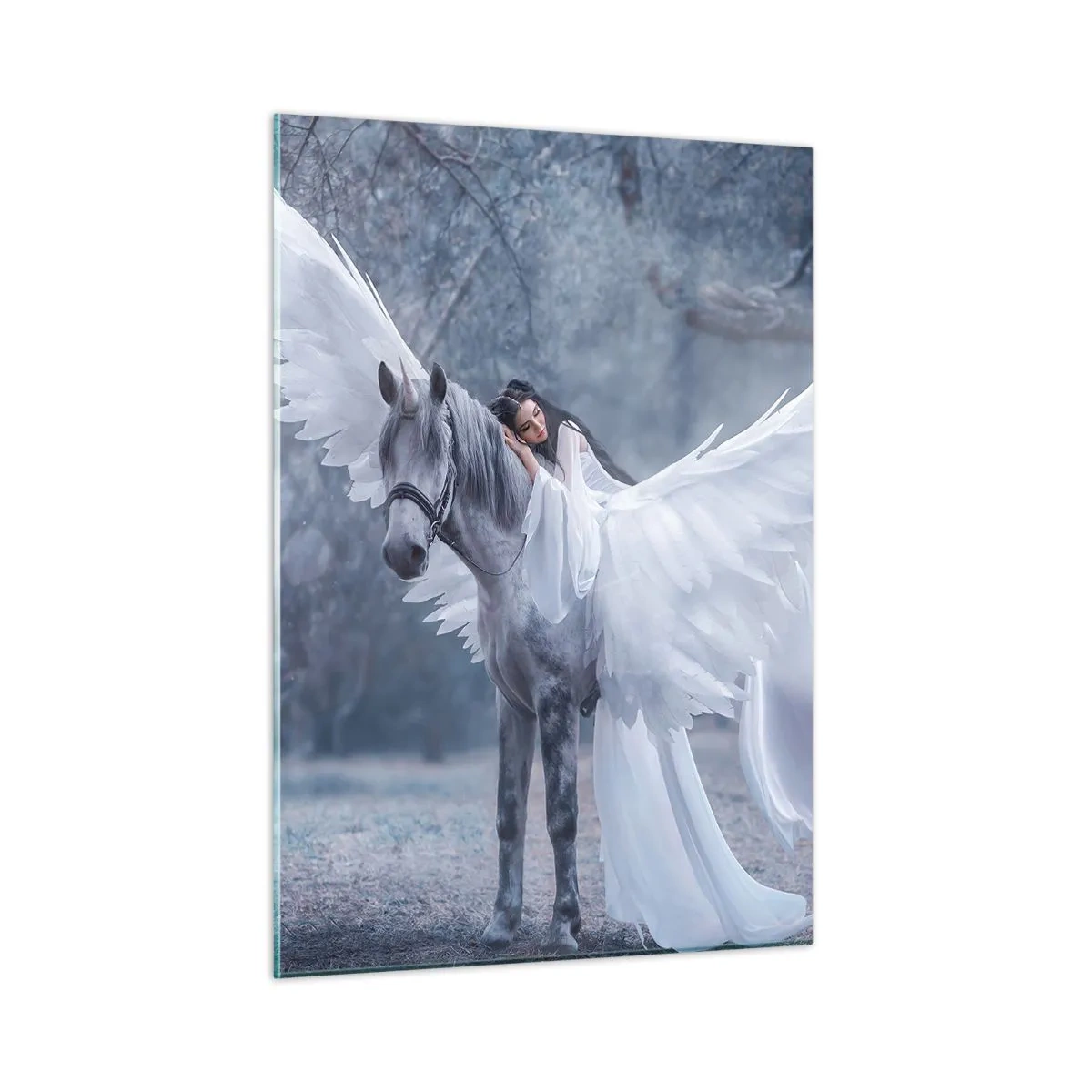 Cuadro sobre vidrio - Impresiones sobre Vidrio - Pegaso con alas blancas y una mujer con vestido en un bosque místico. - 50x70cm - Un momento de inspiración - Decoración de pared moderna para salón y dormitorio ARTTOR