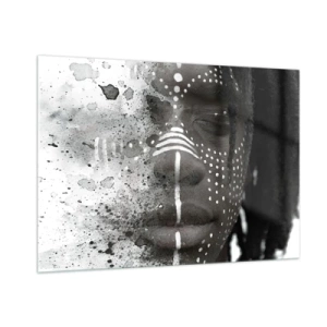 Cuadro sobre vidrio - Impresiones sobre Vidrio - Retrato con patrones étnicos en blanco y negro con efecto acuarela. - 100x70cm - Descubrimiento del espíritu original - Decoración de pared moderna para salón y dormitorio ARTTOR