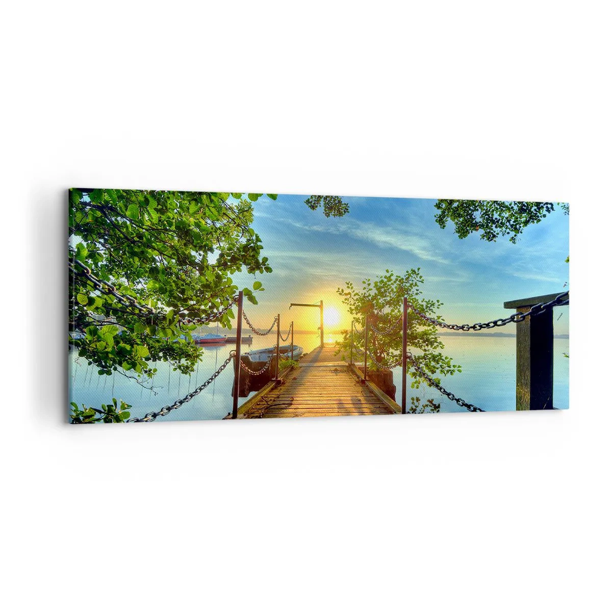 Cuadro sobre lienzo - Impresión de Imagen - Un muelle sobre el lago bajo los rayos del atardecer. - 120x50cm - Atardecer junto al agua - Decoración de pared moderna para salón y dormitorio ARTTOR