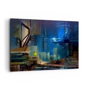 Cuadro sobre lienzo - Impresión de Imagen - Ciudad futurista de noche con luces de neón y un vehículo volador. - 100x70cm - En un futuro próximo - Decoración de pared moderna para salón y dormitorio ARTTOR