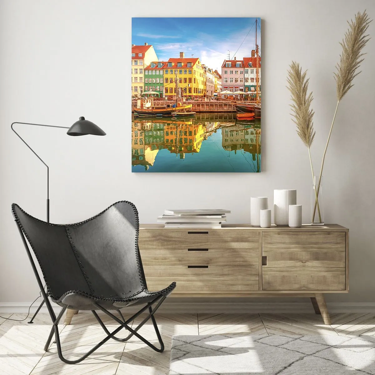 Cuadro sobre vidrio - Impresiones sobre Vidrio - Casas coloridas en los canales de Copenhague - 80x120cm - Sobre el agua tan suave como un espejo - Decoración de pared moderna para salón y dormitorio ARTTOR