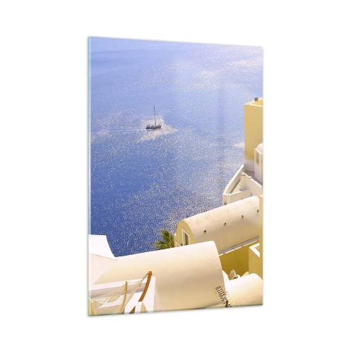 Cuadro sobre vidrio - Impresiones sobre Vidrio - Vista de Santorini con mar azul y edificios blancos. - 50x70cm - Paisaje griego en blanco y azul - Decoración de pared moderna para salón y dormitorio ARTTOR