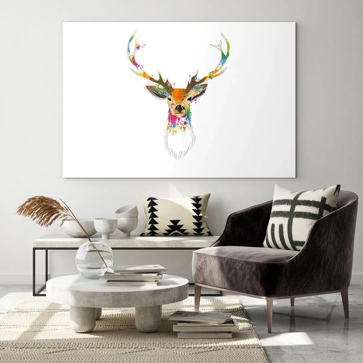 Cuadro sobre vidrio - Impresiones sobre Vidrio - Silueta colorida de un ciervo sobre un fondo blanco en un estilo abstracto - 70x50cm - Un suave ciervo bañado en color - Decoración de pared moderna para salón y dormitorio ARTTOR