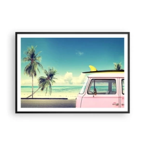 Póster en marco negro - Una camioneta rosa con una tabla de surf frente a una playa tropical. - 100x70cm - Comienzan las vacaciones - Decoración de pared moderna para salón y dormitorio ARTTOR