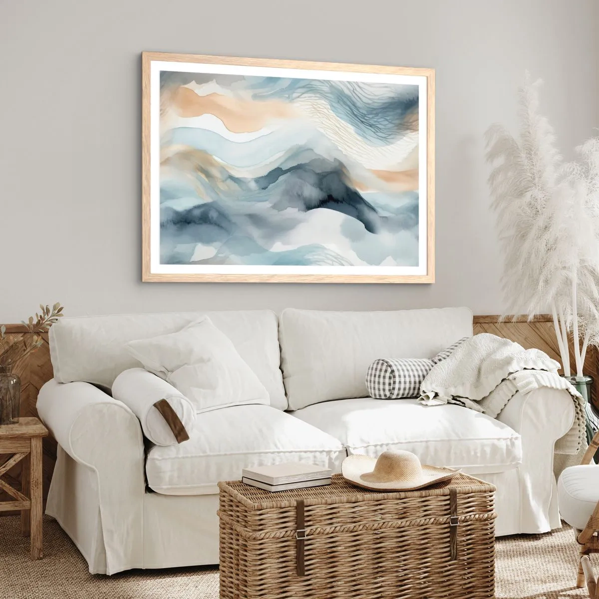 Póster en marco roble claro - Abstracción de nieve y niebla - 100x70 cm