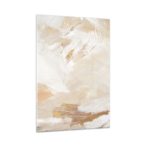 Cuadro sobre vidrio - Impresiones sobre Vidrio - Abstracción beige y blanca con acentos dorados. - 50x70cm - Composición en pastel - Decoración de pared moderna para salón y dormitorio ARTTOR