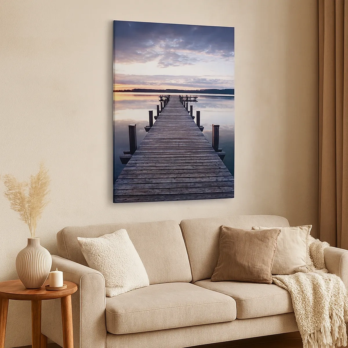 Cuadro sobre lienzo - Impresión de Imagen - Un muelle en un lago al atardecer en un paisaje tranquilo. - 50x70cm - Frontera silenciosa del día y la noche - Decoración de pared moderna para salón y dormitorio ARTTOR