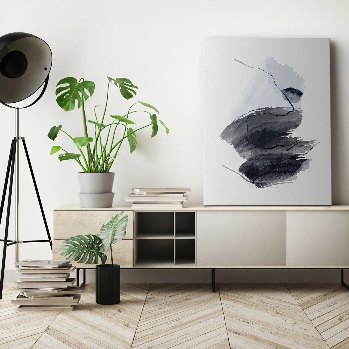 Cuadro sobre lienzo - Impresión de Imagen - Composición abstracta en tonos grises y azules. - 70x100cm - Intensidad y movimiento - Decoración de pared moderna para salón y dormitorio ARTTOR