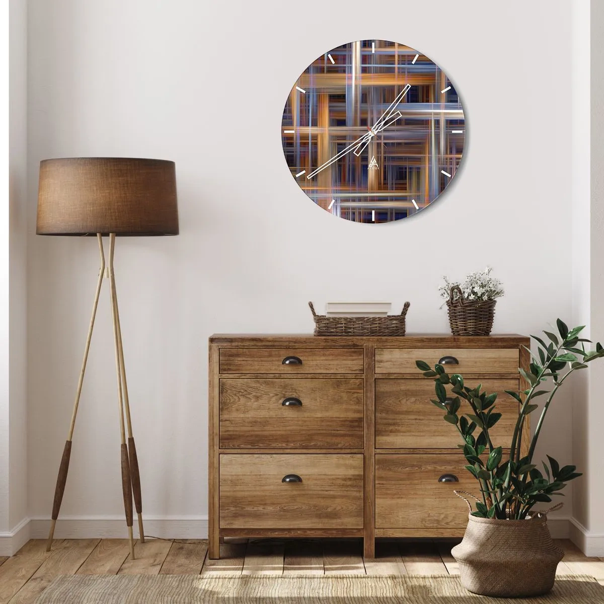 Reloj de pared - Reloj de vidrio - Patrón de cuadros en tonos marrones y azules. - 30x30cm - Tejido de luz - Decoración de pared moderna para salón, cocina y dormitorio ARTTOR