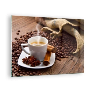 Cuadro sobre vidrio - Impresiones sobre Vidrio - Una taza de café con canela y granos de café sobre una mesa de madera. - 70x50cm - Sabor y aroma picante - Decoración de pared moderna para salón y dormitorio ARTTOR