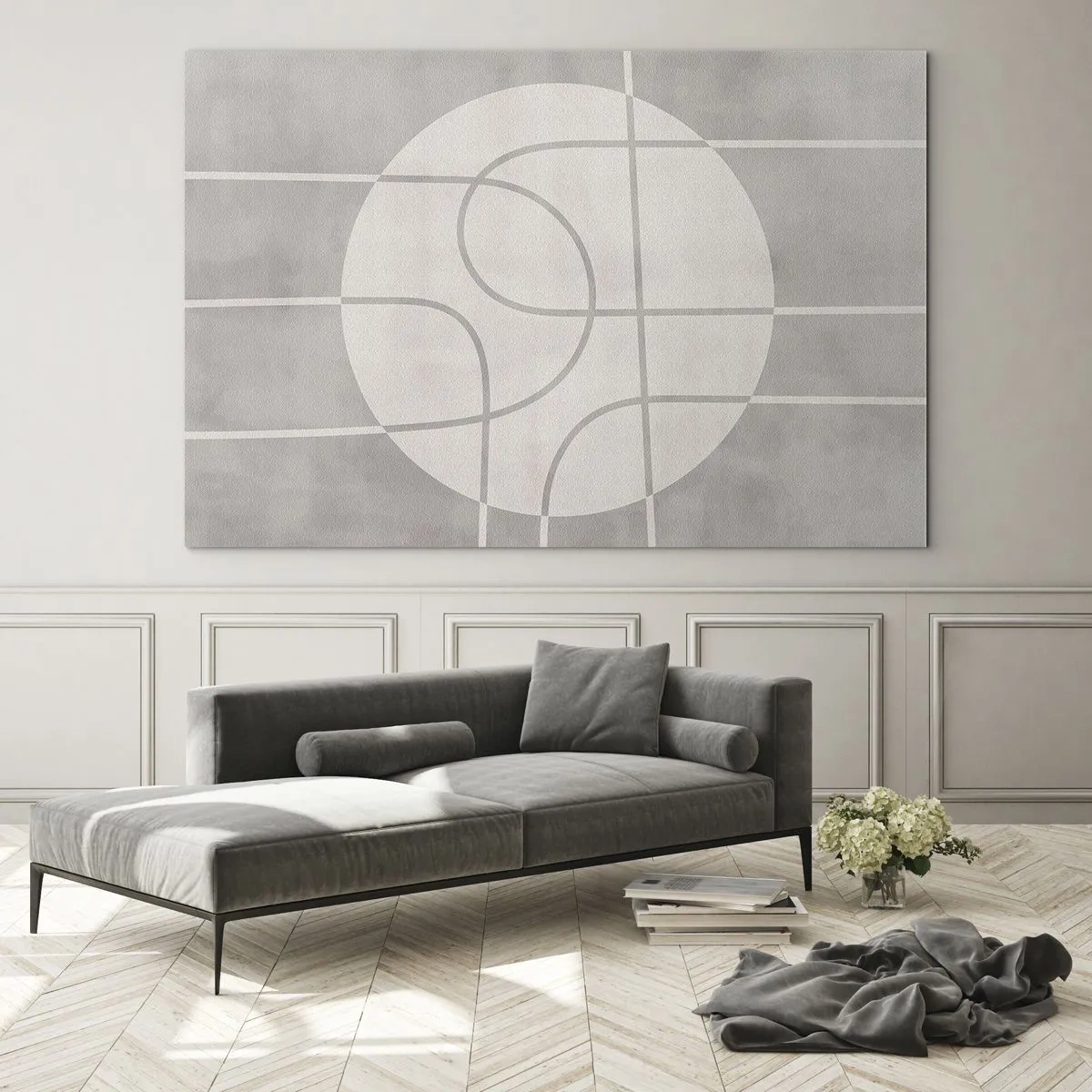 Cuadro sobre vidrio - Impresiones sobre Vidrio - Líneas y círculos beige que crean una composición geométrica. - 70x50cm - Circular y rectilíneo - Decoración de pared moderna para salón y dormitorio ARTTOR