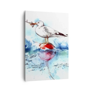Cuadro sobre lienzo - Impresión de Imagen - Gaviota en una boya con peces al fondo en estilo acuarela - 70x100cm - Una captura exitosa - Decoración de pared moderna para salón y dormitorio ARTTOR