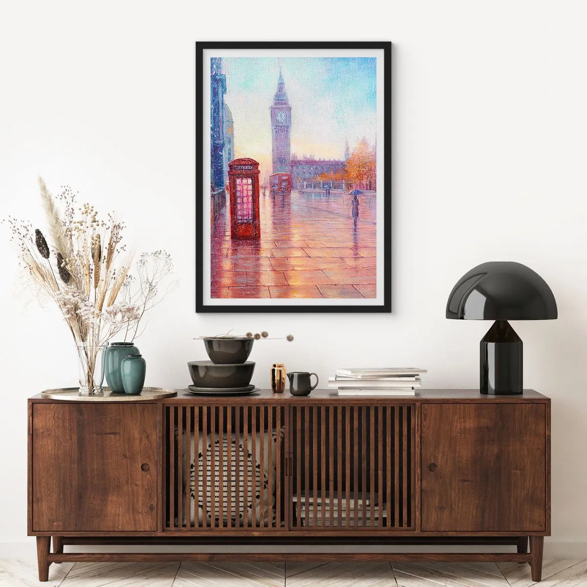 Póster en marco negro - El Big Ben y la cabina telefónica roja en un día lluvioso - 50x70cm - Un día de otoño en Londres - Decoración de pared moderna para salón y dormitorio ARTTOR