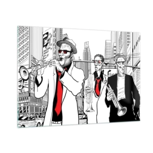 Cuadro sobre vidrio - Impresiones sobre Vidrio - Una banda callejera de jazz con un estilo gráfico moderno. - 100x70cm - Rapsodia urbana en negro y rojo - Decoración de pared moderna para salón y dormitorio ARTTOR