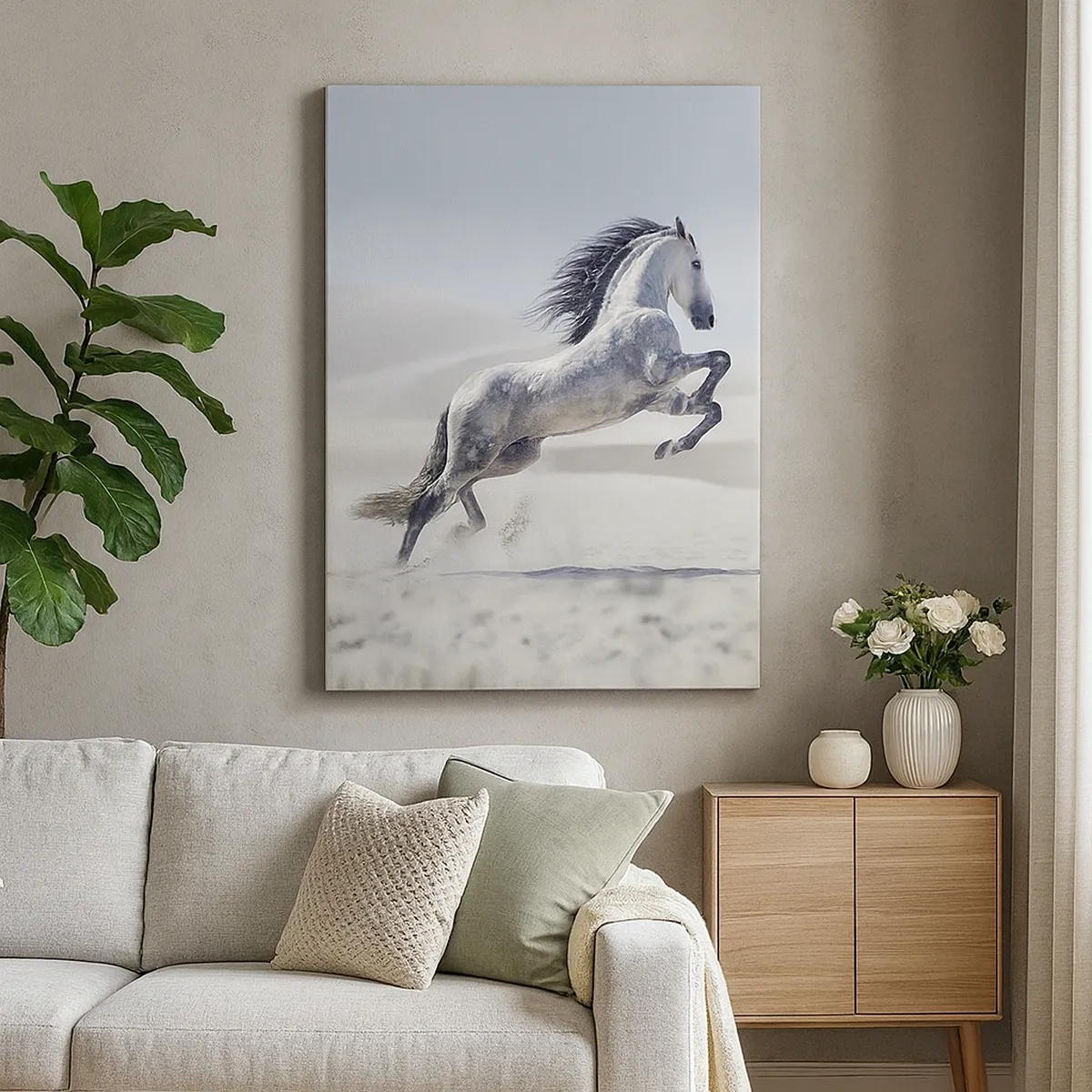 Cuadro sobre lienzo - Impresión de Imagen - Un caballo blanco galopando con las dunas del desierto como telón de fondo. - 50x70cm - Un príncipe árabe - Decoración de pared moderna para salón y dormitorio ARTTOR