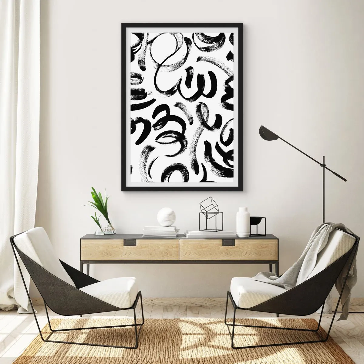 Póster en marco negro - Pinceladas negras abstractas sobre un fondo blanco - 50x70cm - Negro sobre blanco - Decoración de pared moderna para salón y dormitorio ARTTOR