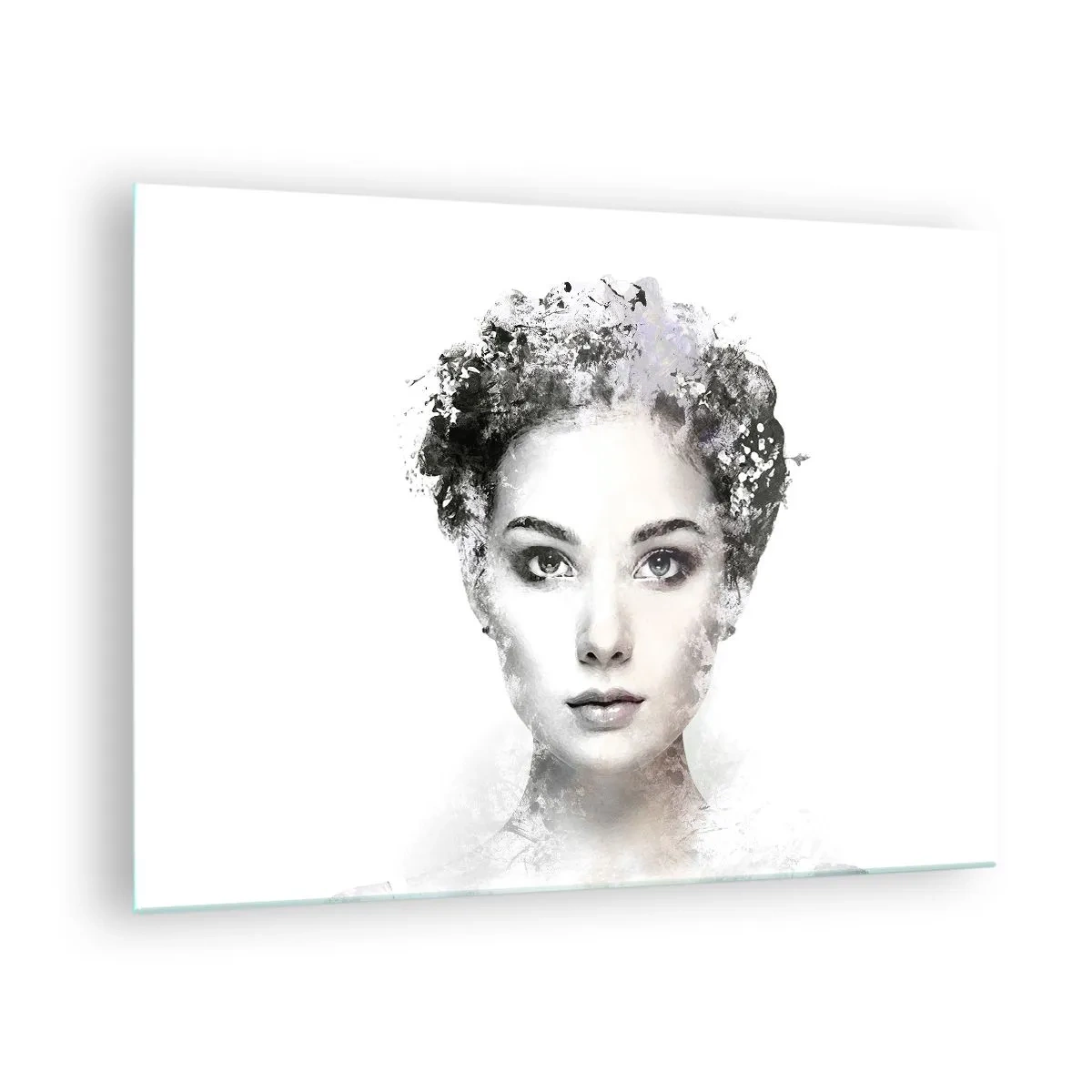 Cuadro sobre vidrio - Impresiones sobre Vidrio - Rostro de mujer en estilo acuarela sobre fondo blanco. - 70x50cm - Un retrato extremadamente elegante - Decoración de pared moderna para salón y dormitorio ARTTOR