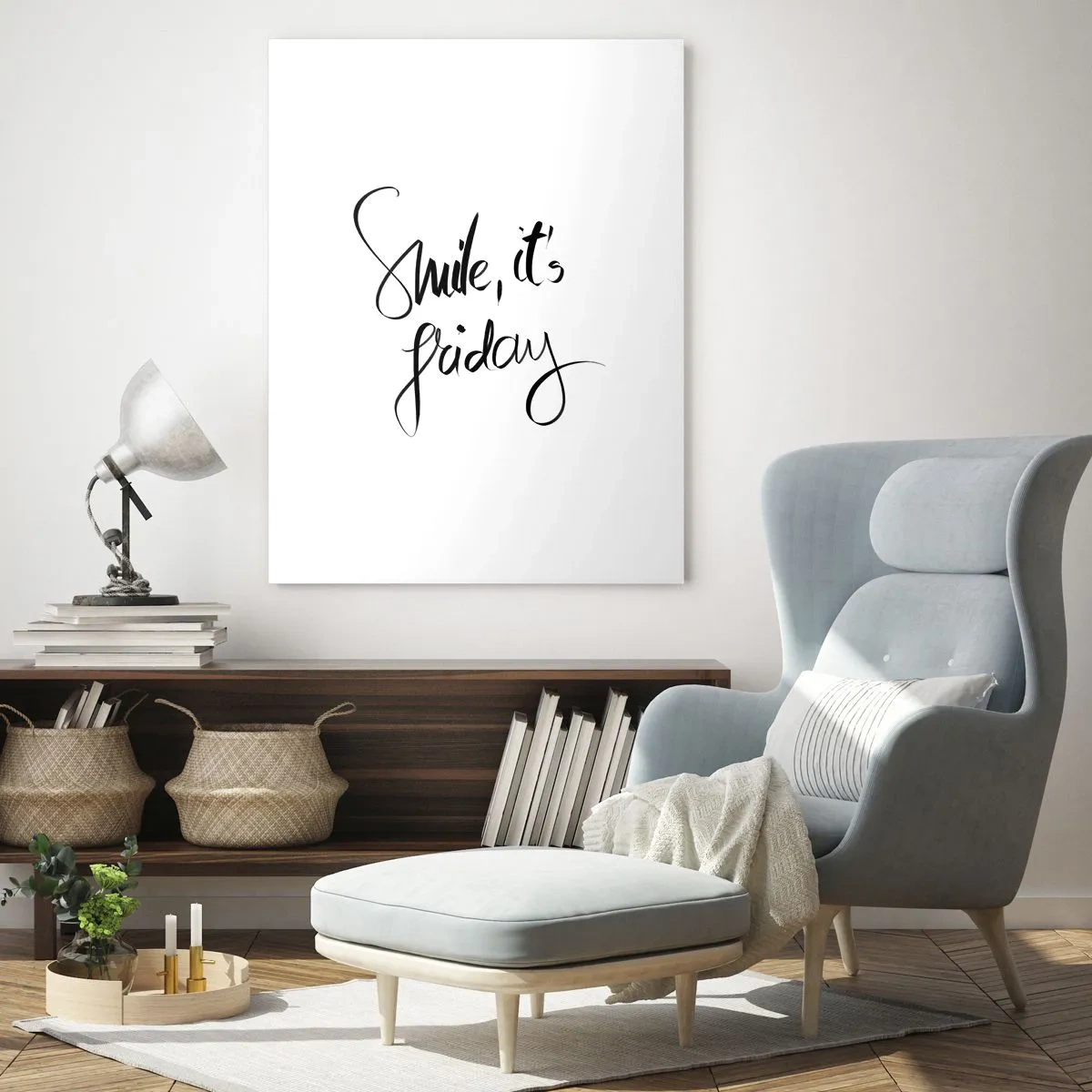 Cuadro sobre vidrio - Impresiones sobre Vidrio - Letras en blanco y negro Sonríe, es viernes - 80x120cm - La verdadera alegría - Decoración de pared moderna para salón y dormitorio ARTTOR