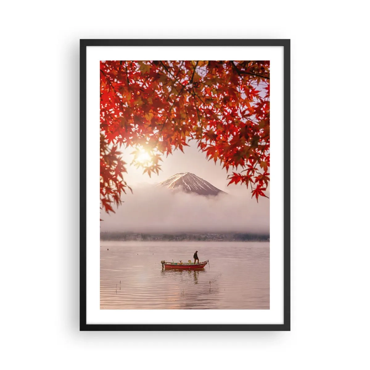 Póster en marco negro - Monte Fuji con un barco en un lago y hojas de otoño - 50x70cm - Estilo japonés - Decoración de pared moderna para salón y dormitorio ARTTOR