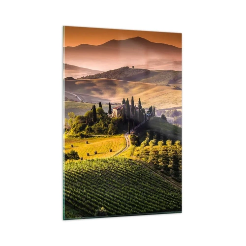 Cuadro sobre vidrio - Impresiones sobre Vidrio - Paisaje toscano con viñedos y una casa en una colina. - 80x120cm - Paisaje toscano - Decoración de pared moderna para salón y dormitorio ARTTOR
