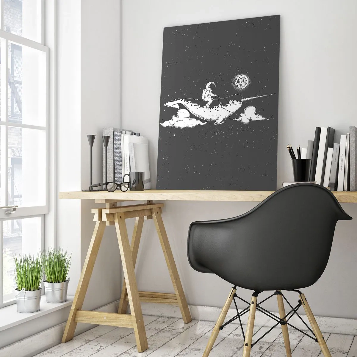 Cuadro sobre vidrio - Impresiones sobre Vidrio - Astronauta montando un narval en un entorno espacial - 50x70cm - Jinete espacial - Decoración de pared moderna para salón y dormitorio ARTTOR
