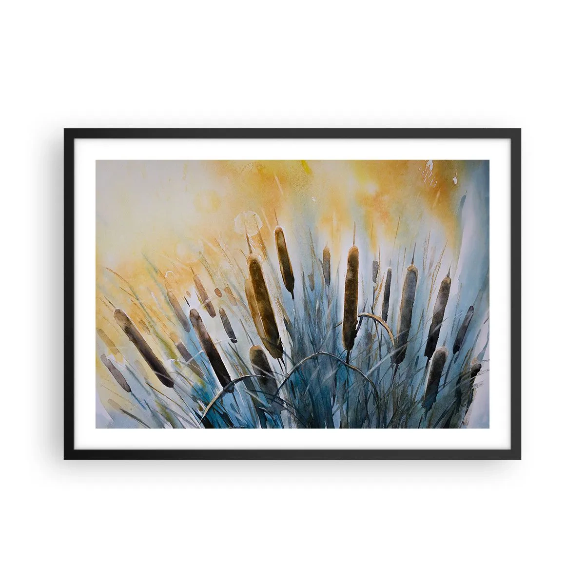 Póster en marco negro - Cañas pintorescas bajo los rayos del sol - 70x50cm - El frío del agua, el calor del sol - Decoración de pared moderna para salón y dormitorio ARTTOR
