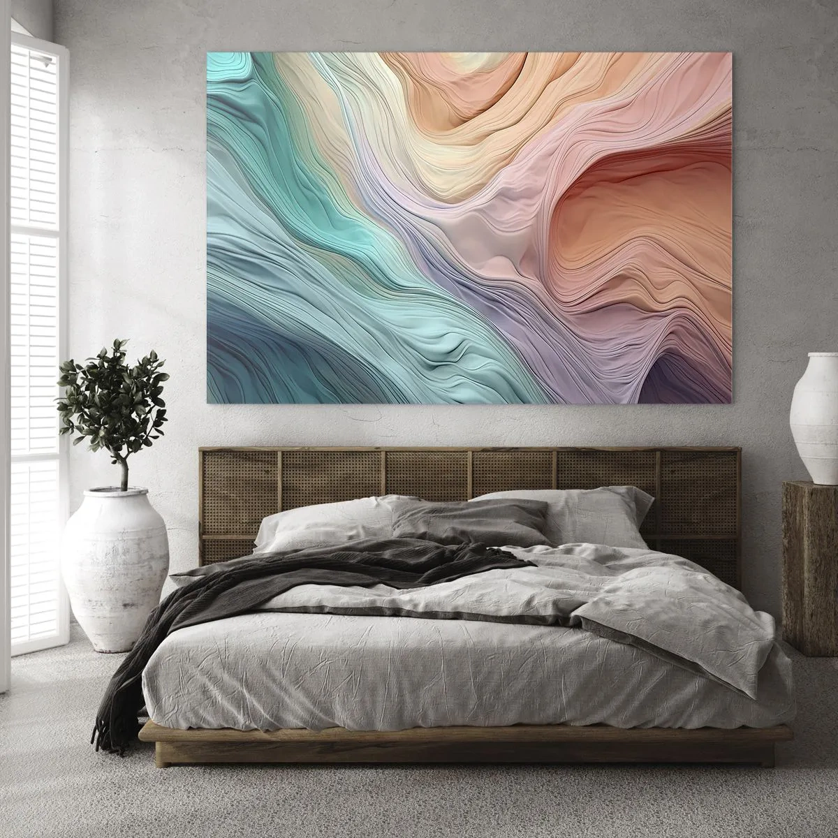 Cuadro sobre vidrio - Impresiones sobre Vidrio - Una abstracción colorida que se asemeja a olas y rocas. - 100x70cm - Ola arco iris - Decoración de pared moderna para salón y dormitorio ARTTOR