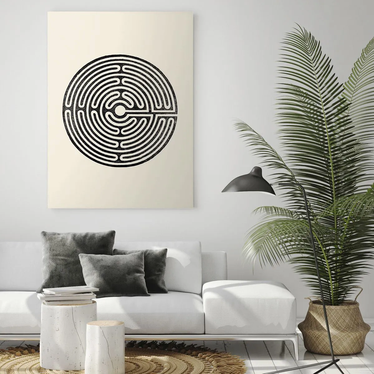 Cuadro sobre vidrio - Impresiones sobre Vidrio - Un laberinto en blanco y negro en forma circular sobre un fondo claro. - 50x70cm - Orden misterioso - Decoración de pared moderna para salón y dormitorio ARTTOR