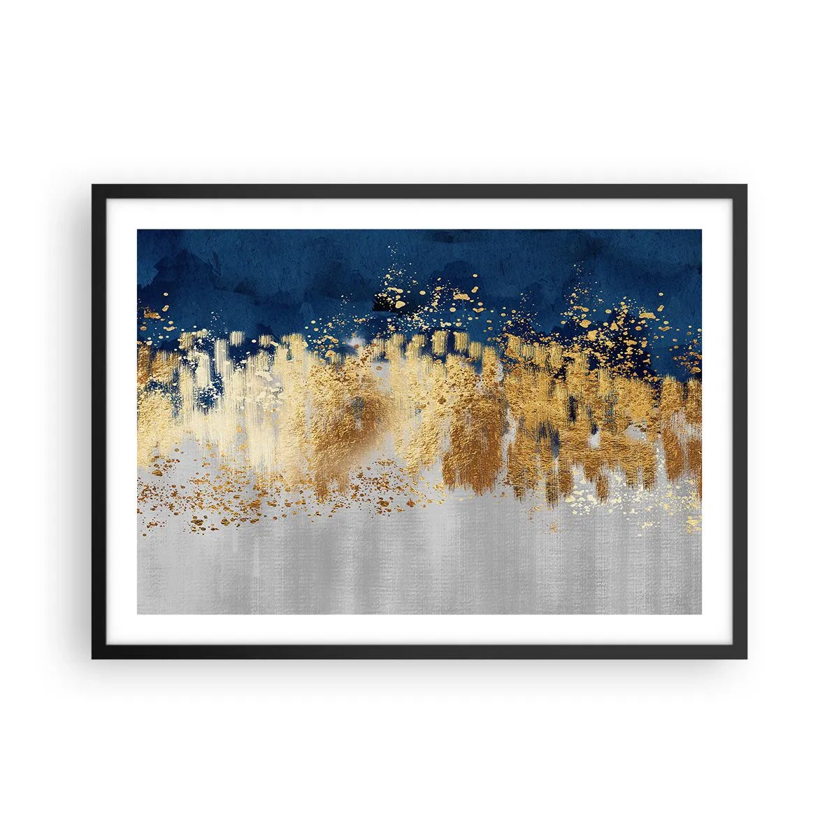 Póster en marco negro - Una composición abstracta en tonos dorados y azul marino. - 70x50cm - Composición moderna con chispas - Decoración de pared moderna para salón y dormitorio ARTTOR