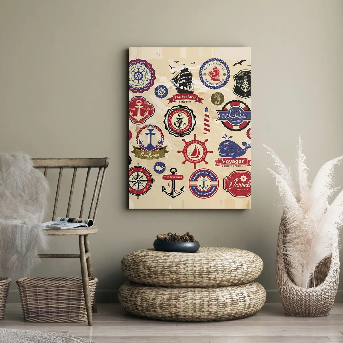 Cuadro sobre lienzo - Impresión de Imagen - Una colección de gráficos y símbolos náuticos sobre un fondo claro. - 80x120cm - Una fraternidad del mar - Decoración de pared moderna para salón y dormitorio ARTTOR